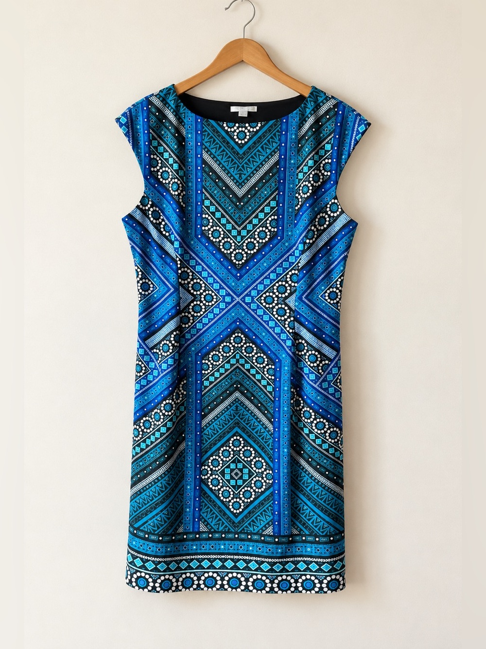 London Style Geometric Dress Black Blue Midi Cocktail Dinner Dress GUC # 816